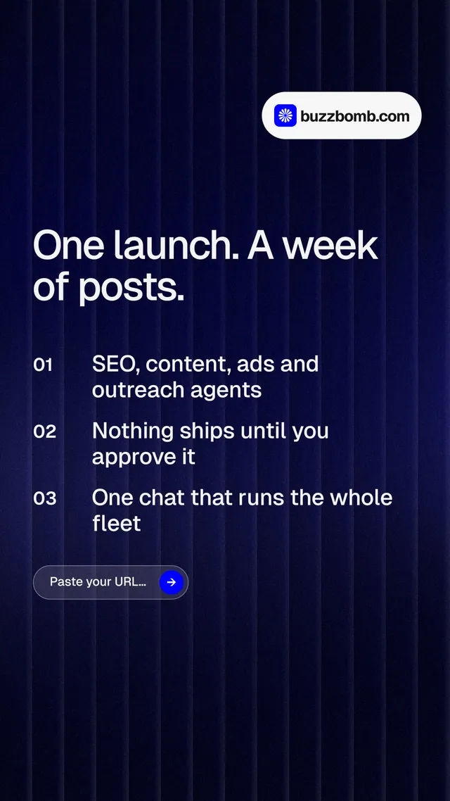 Instagram story for BuzzBomb: "One launch. A week of posts." Agentic glass style, numbered layout, dark palette in black, blue, grey.