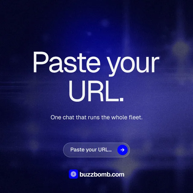 Instagram post for BuzzBomb: "Paste your URL." Agentic glass style, centred layout, dark palette in black, blue.