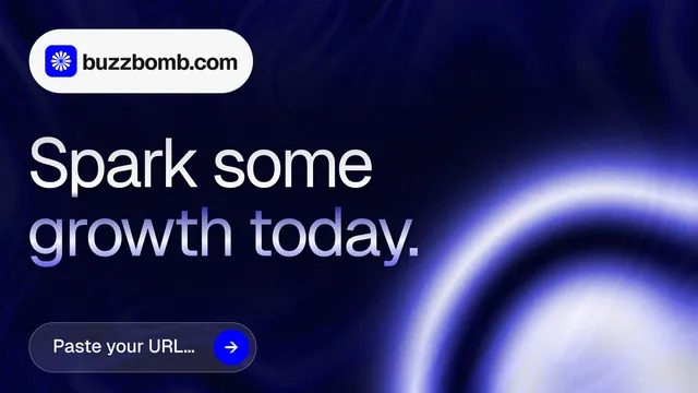 Landscape graphic for BuzzBomb: "Spark some growth today." Agentic glass style, announce layout, dark palette in black, blue.
