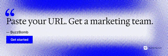 X header for BuzzBomb: "One launch. A week of posts." Swiss style, quote layout, light palette in blue, white.