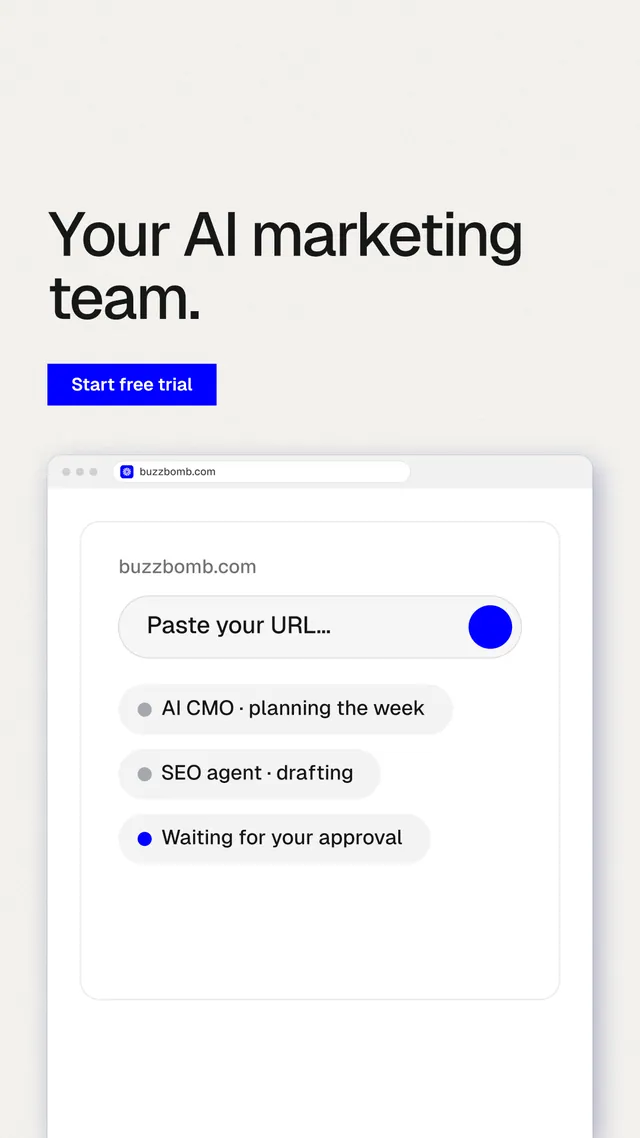 Instagram story for BuzzBomb: "Your AI marketing team." Swiss style, browser layout, light palette in white.