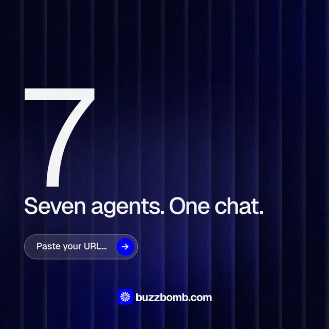 Instagram post for BuzzBomb: "Get a marketing team." Agentic glass style, stat layout, dark palette in black, blue.