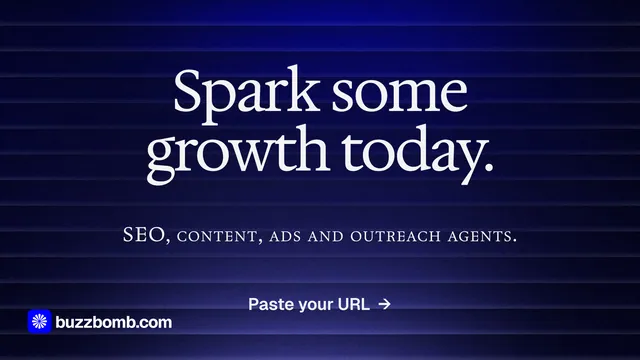 Landscape graphic for BuzzBomb: "Spark some growth today." Agentic glass style, smallcaps layout, dark palette in black, blue, grey.