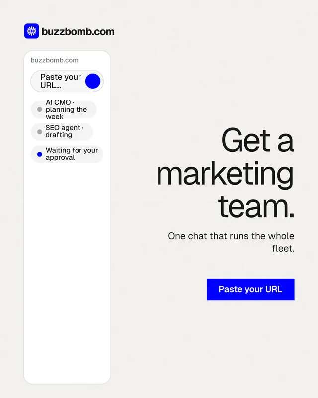 Instagram portrait post for BuzzBomb: "Get a marketing team." Swiss style, right layout, light palette in white.