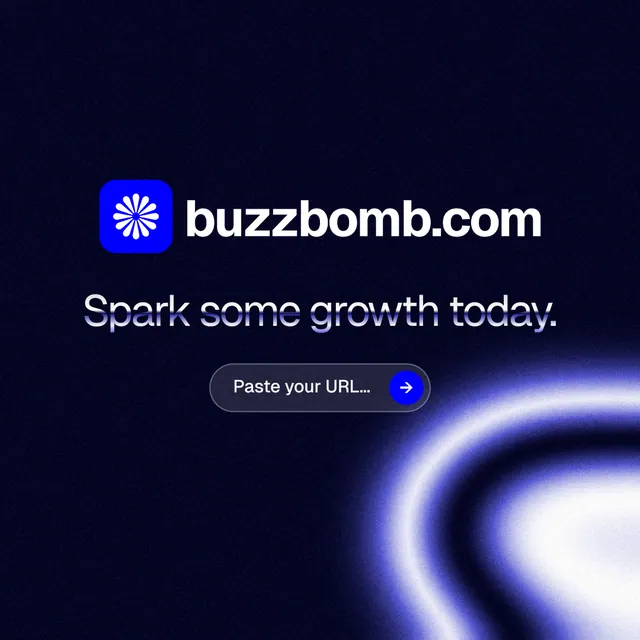 Instagram post for BuzzBomb: "Spark some growth today." Agentic glass style, logo hero layout, dark palette in black, blue.