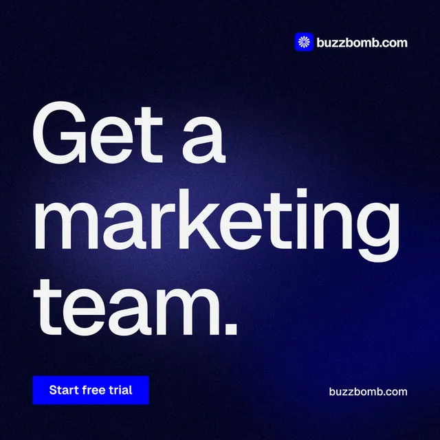 Instagram post for BuzzBomb: "Get a marketing team." Swiss style, poster layout, dark palette in black, blue, grey.