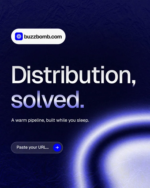 Instagram portrait post for BuzzBomb: "Distribution, solved." Agentic glass style, announce layout, dark palette in black, blue.