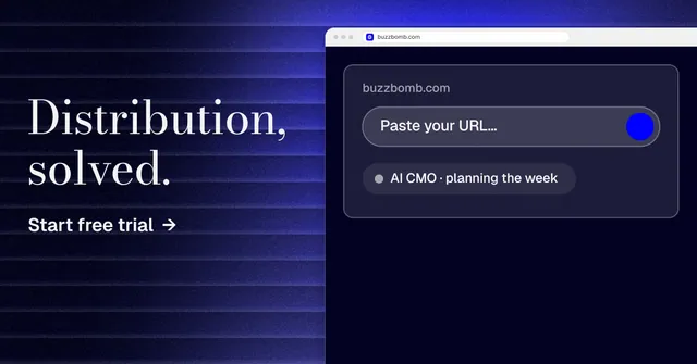 Social ad for BuzzBomb: "Distribution, solved." Minimal luxury style, browser layout, dark palette in blue, black.