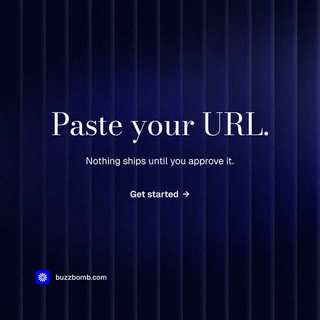 Instagram post for BuzzBomb: "Paste your URL." Minimal luxury style, centred layout, dark palette in black, blue.