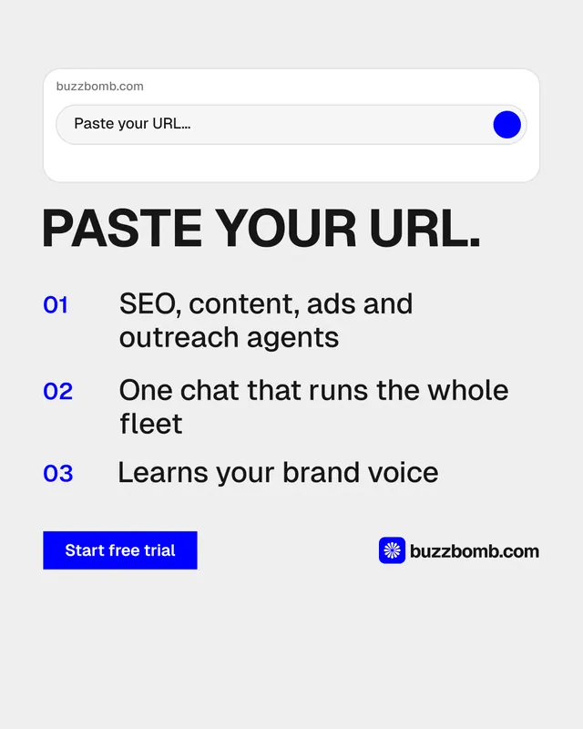 Instagram portrait post for BuzzBomb: "Paste your URL." Swiss style, numbered layout, light palette in white.