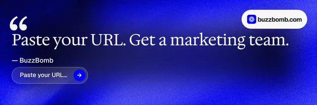 X header for BuzzBomb: "Get a marketing team." Agentic glass style, quote layout, dark palette in blue.