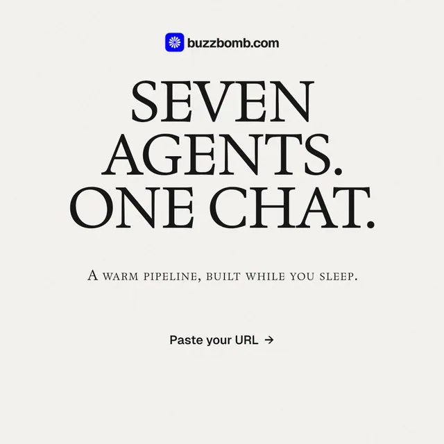 Instagram post for BuzzBomb: "Seven agents. One chat." Swiss style, smallcaps layout, light palette in white.