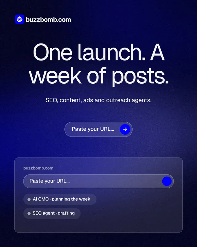 Instagram portrait post for BuzzBomb: "One launch. A week of posts." Agentic glass style, centred layout, dark palette in black, blue.