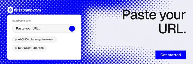 X header for BuzzBomb: "Paste your URL." Swiss style, right layout, light palette in white, blue.