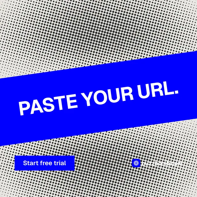 Instagram post for BuzzBomb: "Paste your URL." Swiss style, diagonal layout, light palette in grey, blue.