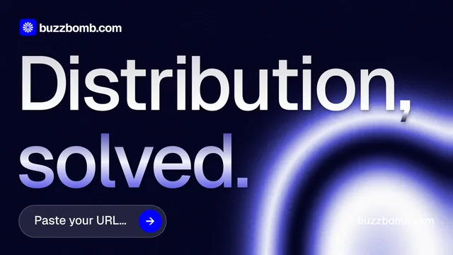 Landscape graphic for BuzzBomb: "Distribution, solved." Agentic glass style, poster layout, dark palette in black, blue.