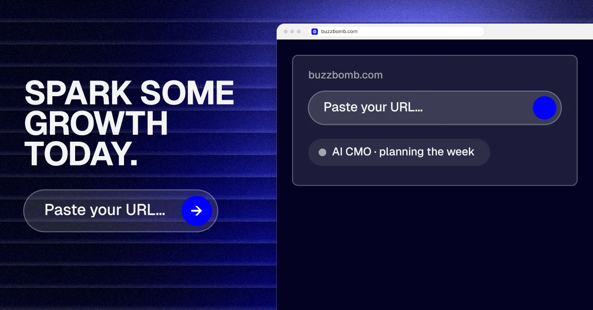 Social ad for BuzzBomb: "Spark some growth today." Agentic glass style, browser layout, dark palette in blue, black, grey.