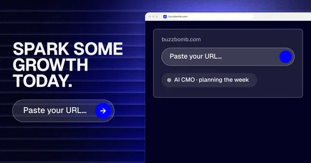 Social ad for BuzzBomb: "Spark some growth today." Agentic glass style, browser layout, dark palette in blue, black, grey.