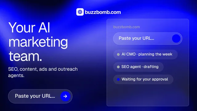 Landscape graphic for BuzzBomb: "Your AI marketing team." Agentic glass style, bottom layout, dark palette in blue.