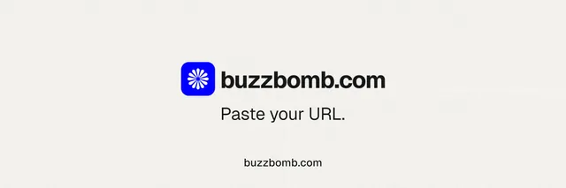 X header for BuzzBomb: "Paste your URL." Swiss style, end card layout, light palette in white.