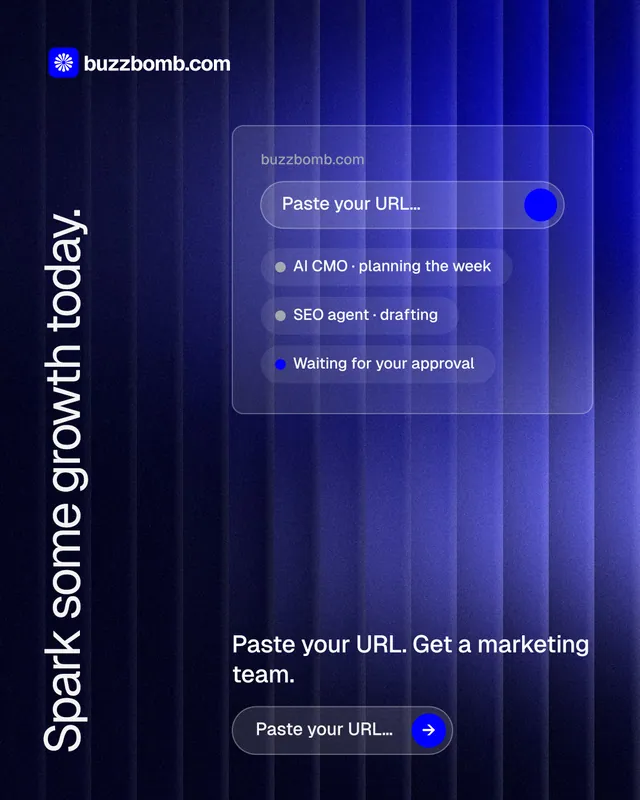 Instagram portrait post for BuzzBomb: "Spark some growth today." Agentic glass style, vertical layout, dark palette in black, blue.