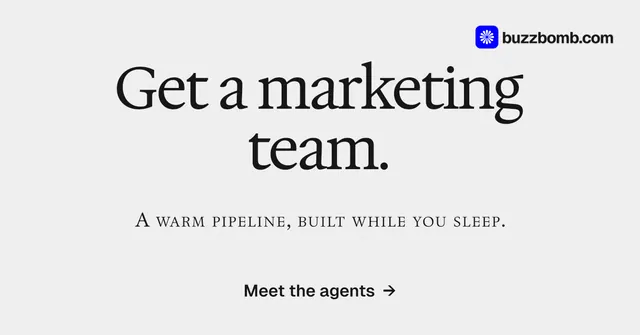 Social ad for BuzzBomb: "Get a marketing team." Swiss style, smallcaps layout, light palette in white, grey.