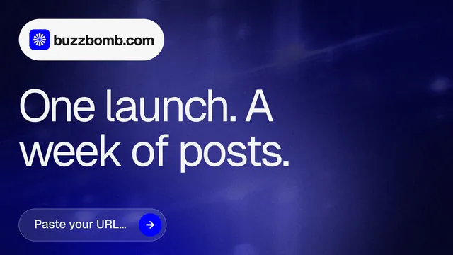 Landscape graphic for BuzzBomb: "One launch. A week of posts." Agentic glass style, announce layout, dark palette in black, blue.