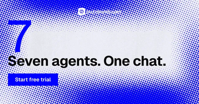 Social ad for BuzzBomb: "Seven agents. One chat." Swiss style, stat layout, light palette in blue, white.