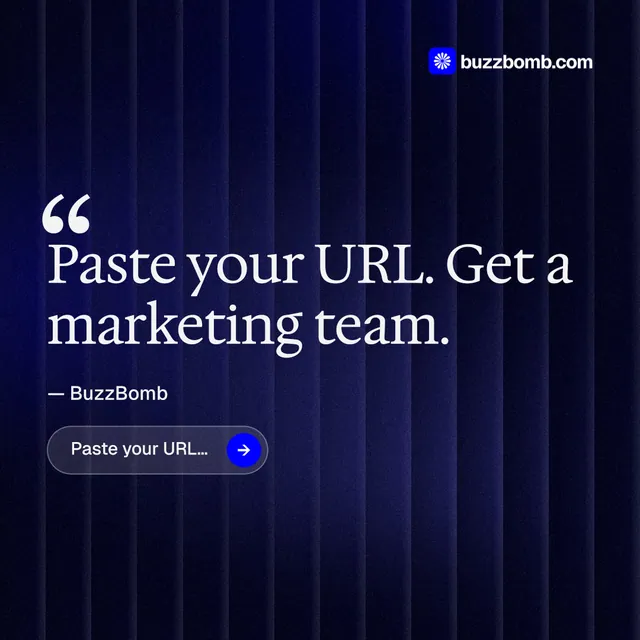 Instagram post for BuzzBomb: "Get a marketing team." Agentic glass style, quote layout, dark palette in black, blue.