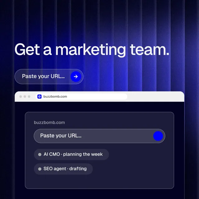 Instagram post for BuzzBomb: "Get a marketing team." Agentic glass style, browser layout, dark palette in black, blue, grey.