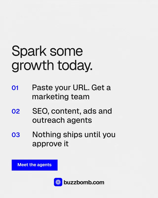 Instagram portrait post for BuzzBomb: "Spark some growth today." Swiss style, numbered layout, light palette in white, blue.