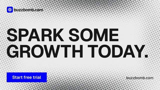 Landscape graphic for BuzzBomb: "Spark some growth today." Swiss style, poster layout, light palette in white, grey.
