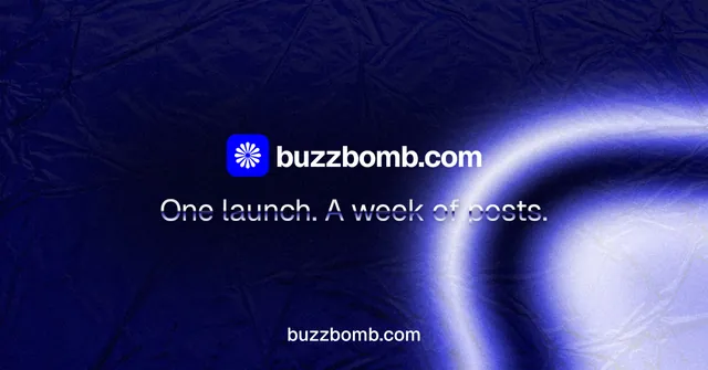 Social ad for BuzzBomb: "One launch. A week of posts." Agentic glass style, end card layout, dark palette in blue, black.