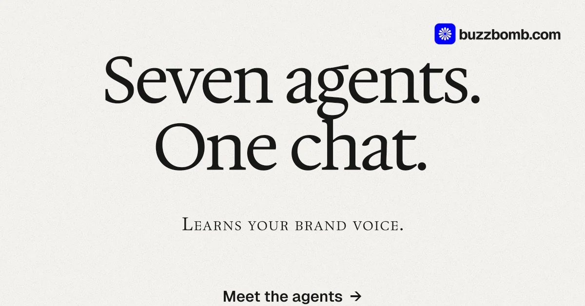 Social ad for BuzzBomb: "Seven agents. One chat." Swiss style, smallcaps layout, light palette in white.