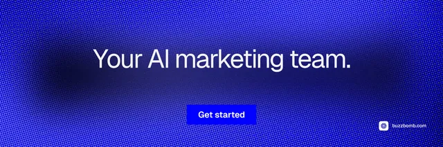 X header for BuzzBomb: "Your AI marketing team." Swiss style, centred layout, dark palette in blue.