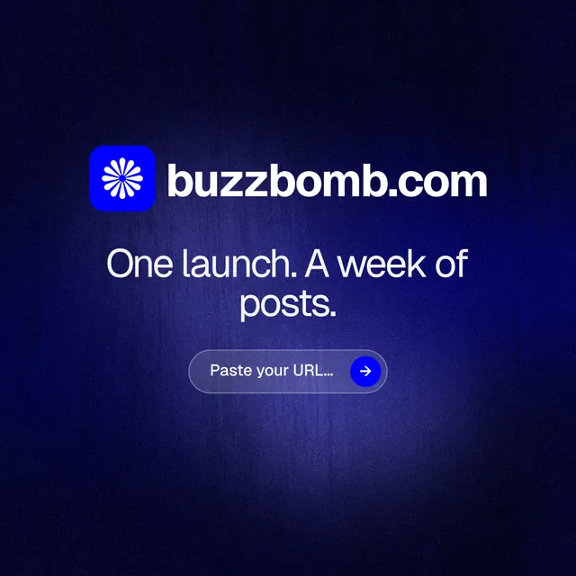Instagram post for BuzzBomb: "One launch. A week of posts." Agentic glass style, logo hero layout, dark palette in black, blue.