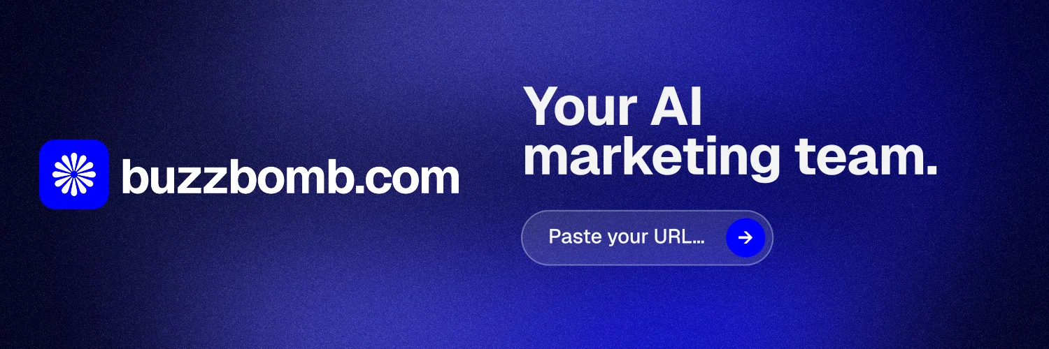 X header for BuzzBomb: "Your AI marketing team." Agentic glass style, logo hero layout, dark palette in blue.