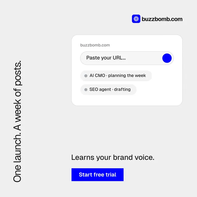 Instagram post for BuzzBomb: "One launch. A week of posts." Swiss style, vertical layout, light palette in white, blue.
