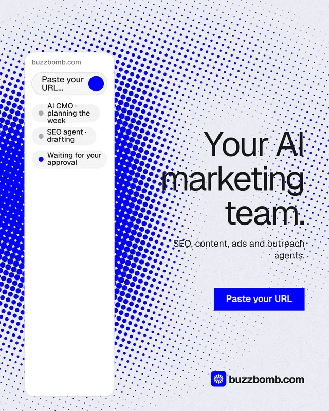 Instagram portrait post for BuzzBomb: "Your AI marketing team." Split block style, right layout, light palette in white, blue.