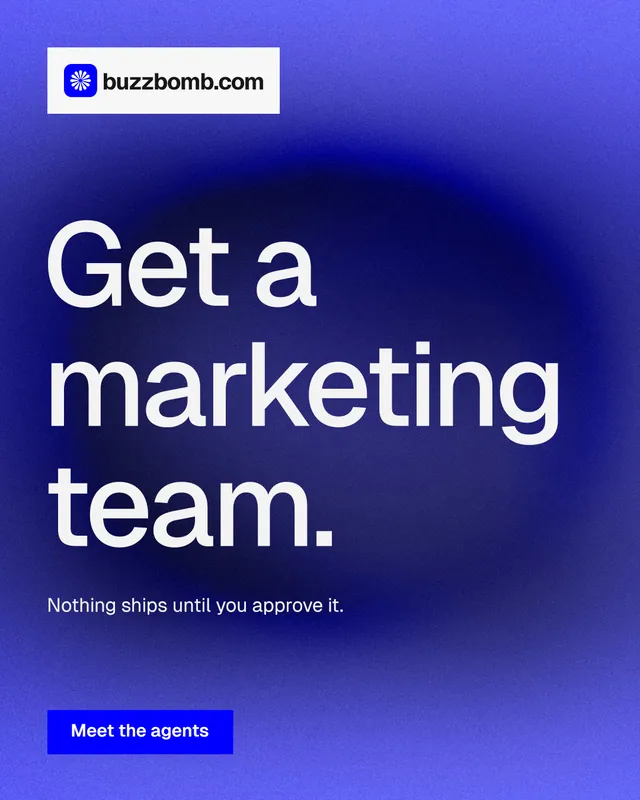 Instagram portrait post for BuzzBomb: "Get a marketing team." Swiss style, announce layout, dark palette in blue.