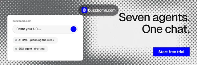 X header for BuzzBomb: "Seven agents. One chat." Swiss style, right layout, light palette in grey, white.
