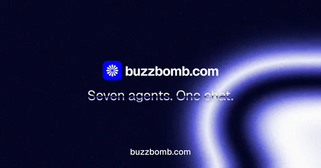 Social ad for BuzzBomb: "Seven agents. One chat." Agentic glass style, end card layout, dark palette in black, blue.
