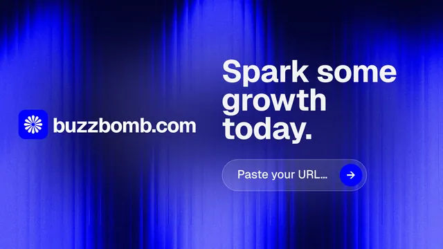 Landscape graphic for BuzzBomb: "Spark some growth today." Agentic glass style, logo hero layout, dark palette in blue.
