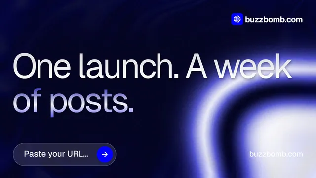 Landscape graphic for BuzzBomb: "One launch. A week of posts." Agentic glass style, poster layout, dark palette in black, blue.