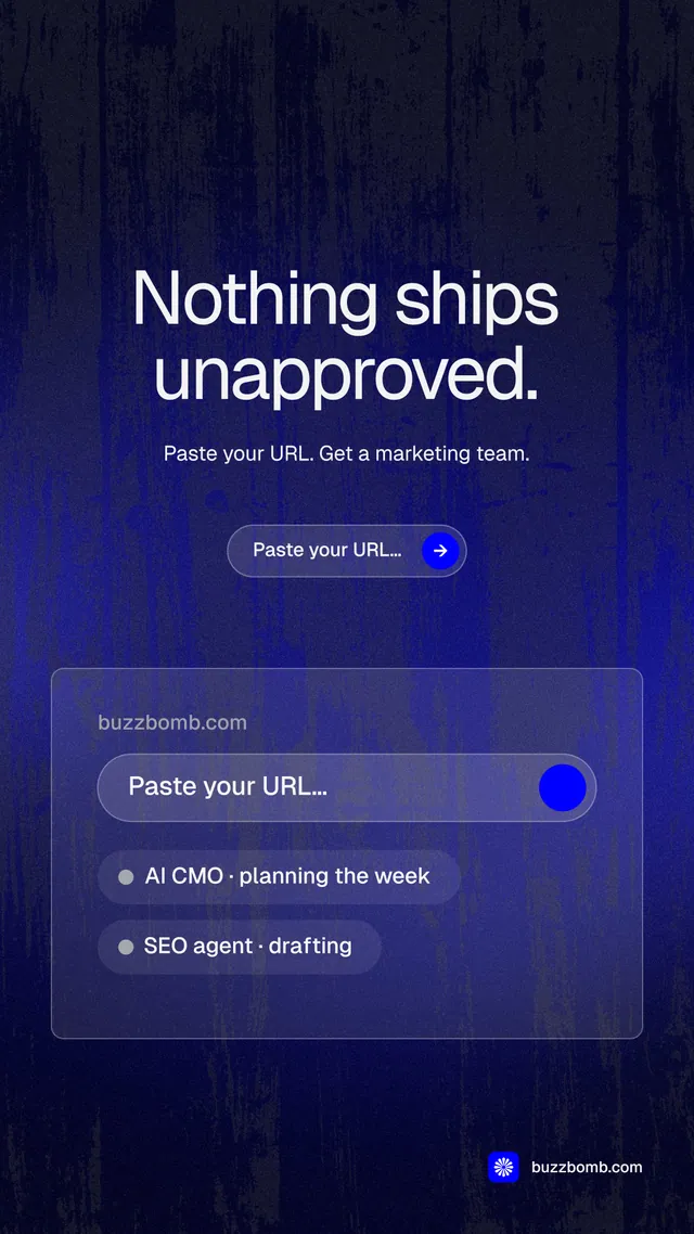 Instagram story for BuzzBomb: "Nothing ships unapproved." Agentic glass style, centred layout, dark palette in blue, black.