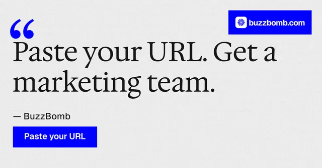 Social ad for BuzzBomb: "Seven agents. One chat." Swiss style, quote layout, light palette in white, blue.