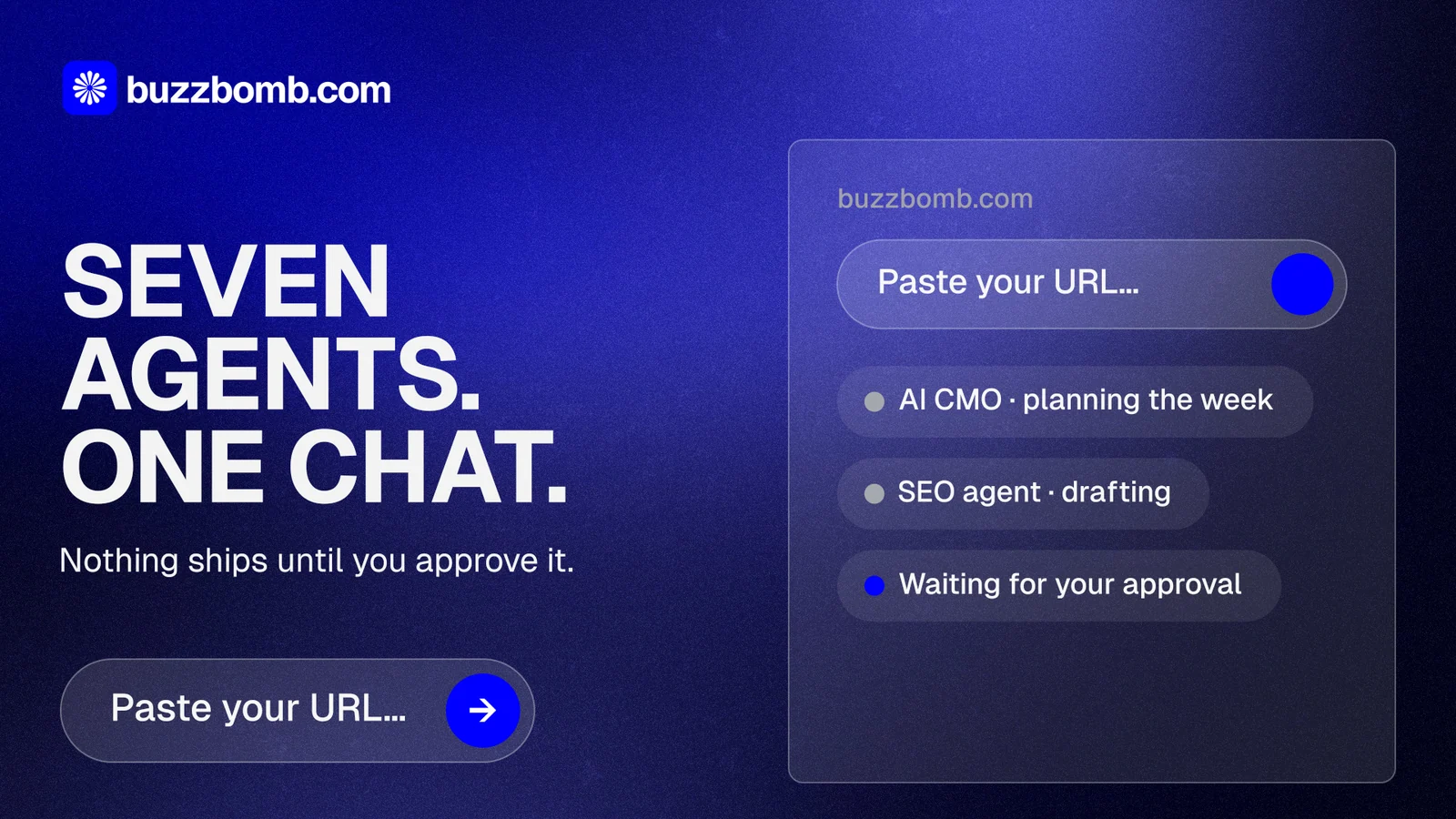 Landscape graphic for BuzzBomb: "Seven agents. One chat." Agentic glass style, bottom layout, dark palette in blue.