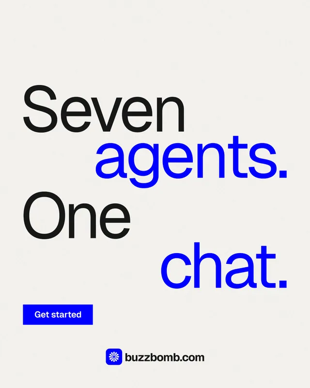 Instagram portrait post for BuzzBomb: "Seven agents. One chat." Swiss style, stacked layout, light palette in white, blue.