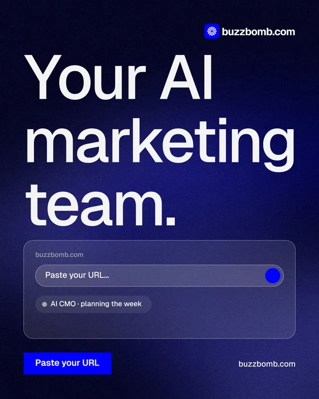 Instagram portrait post for BuzzBomb: "Your AI marketing team." Swiss style, poster layout, dark palette in black, blue, grey.