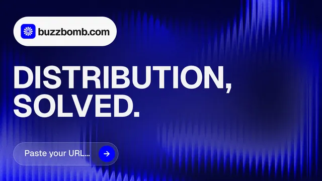 Landscape graphic for BuzzBomb: "Distribution, solved." Agentic glass style, announce layout, dark palette in blue.
